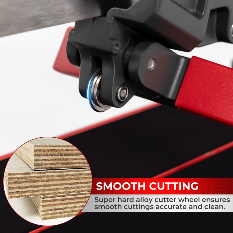 Close-up of the manual tile cutter's tungsten carbide blade and smooth slide rail for accurate cutting of various tiles.