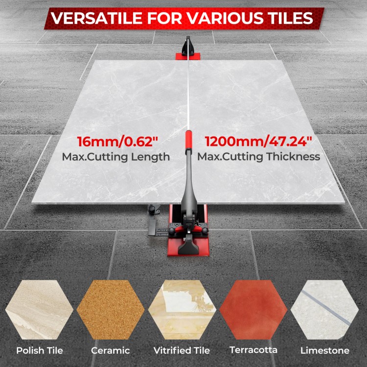 Manual tile cutter with sharp tungsten carbide blade, measuring scale, and adjustable side brackets for versatile tile.