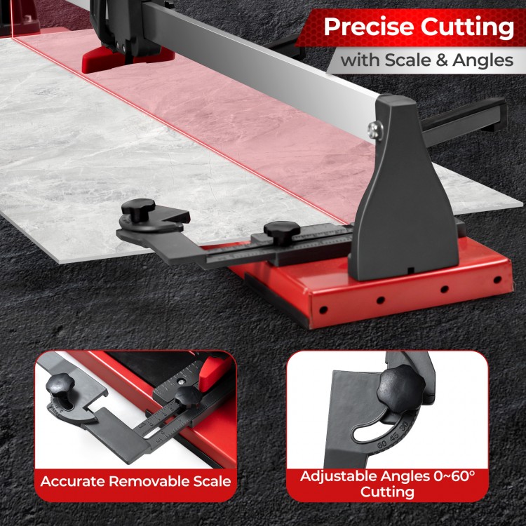 Manual tile cutter with sharp tungsten carbide blade, removable measuring scale, and adjustable angle ruler for precise.