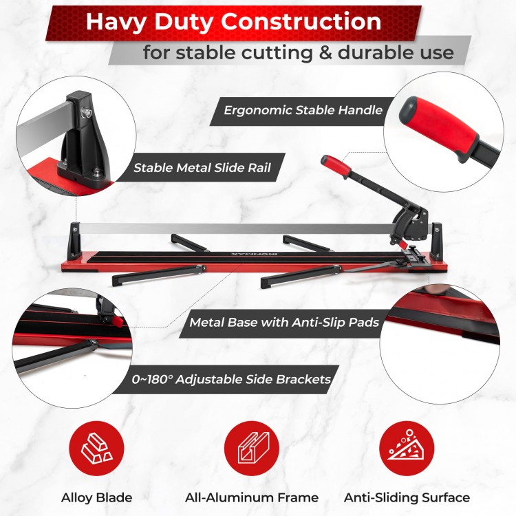 Manual tile cutter with sharp tungsten carbide blade, adjustable side brackets, and ergonomic handle for stable cutting.