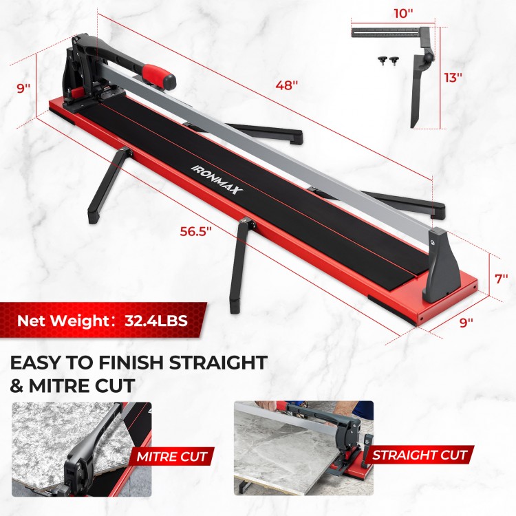 Manual 48-inch tile cutter with a tungsten carbide blade, adjustable side brackets, and ergonomic handle for precise.