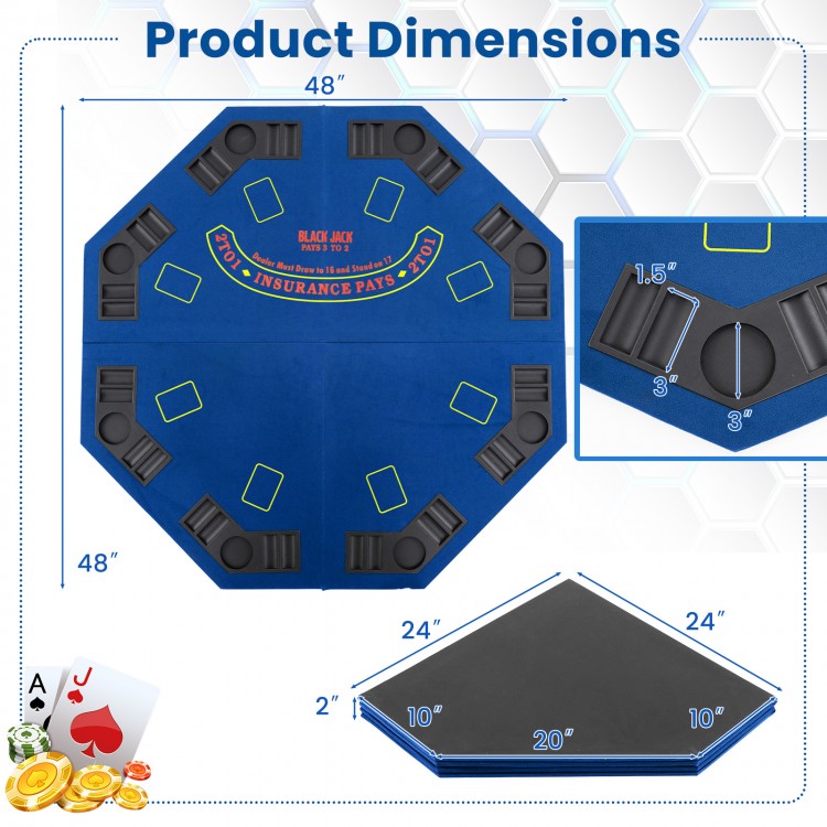 48-inch foldable poker table top in blue with 8 cup holders, ideal for card games and easy transport.