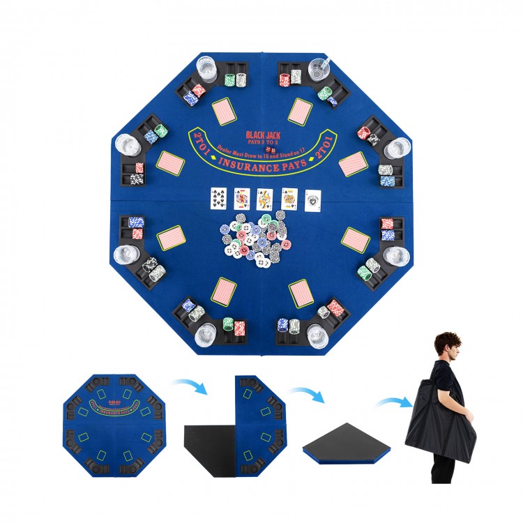 Foldable 48" poker table top in blue with cup holders, designed for 8 players, ideal for game nights and easy transport.