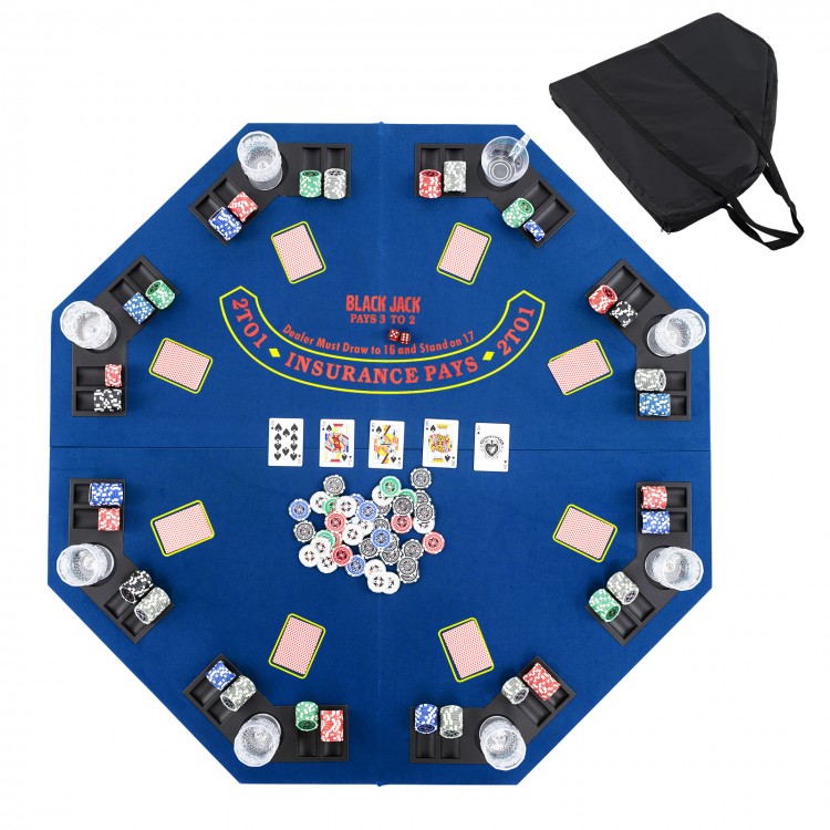 48-inch blue poker table top for 8 players with cup holders and carrying bag, ideal for card and dice games.