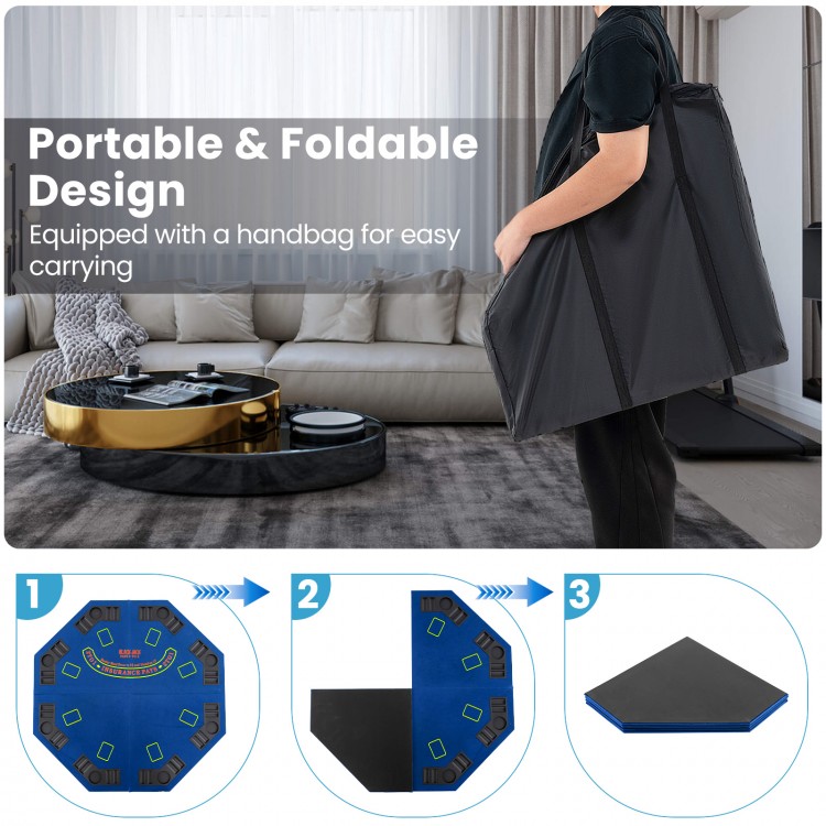 Foldable 48-inch poker table top in blue with carrying bag, cup holders, and card placement areas for 8 players.