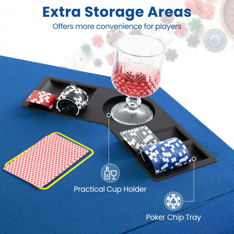 Foldable 48-inch poker table top with cup holders and poker chip trays, ideal for 8 players and easy transport.