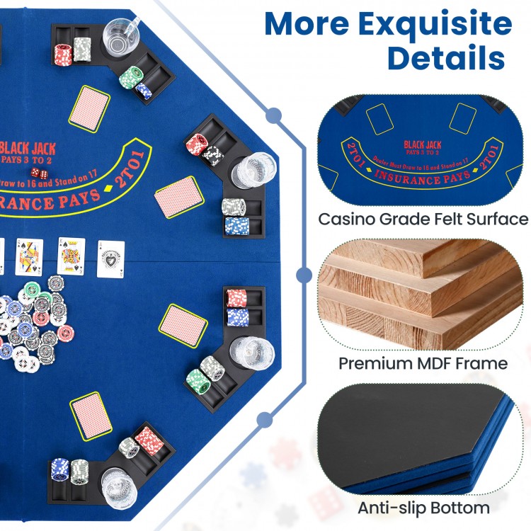 48-inch blue poker table top with cup holders and chip trays, designed for 8 players, ideal for game rooms and parties.