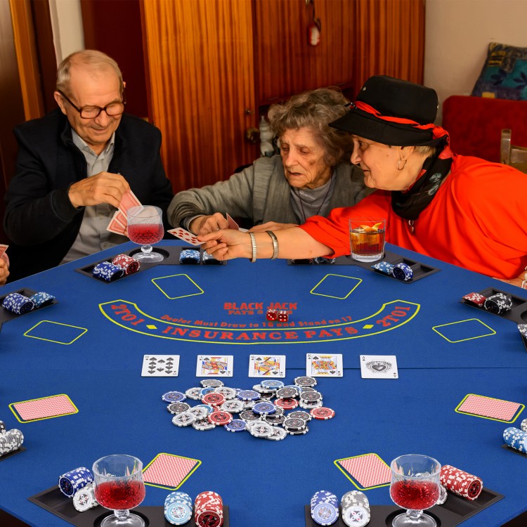 48-inch foldable poker table top in blue with cup holders, accommodating 8 players for card games and gatherings.