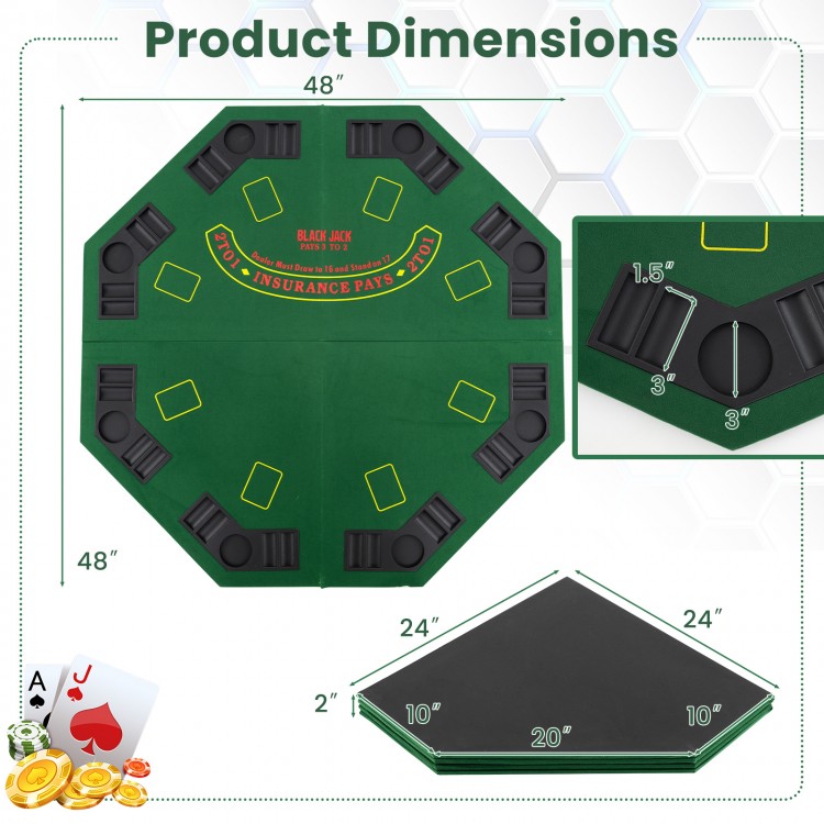 48-inch foldable poker table top in green with 8 cup holders and card placement areas, ideal for game nights.