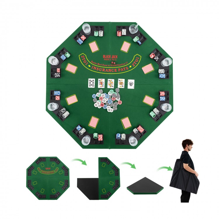 Foldable 48-inch poker table top in green with 8 cup holders, designed for 8 players, ideal for game rooms and parties.