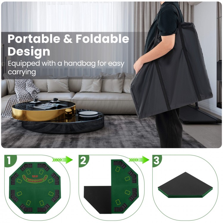 Foldable 48" poker table top in green with cup holders and carrying bag, perfect for 8 players and easy transport.