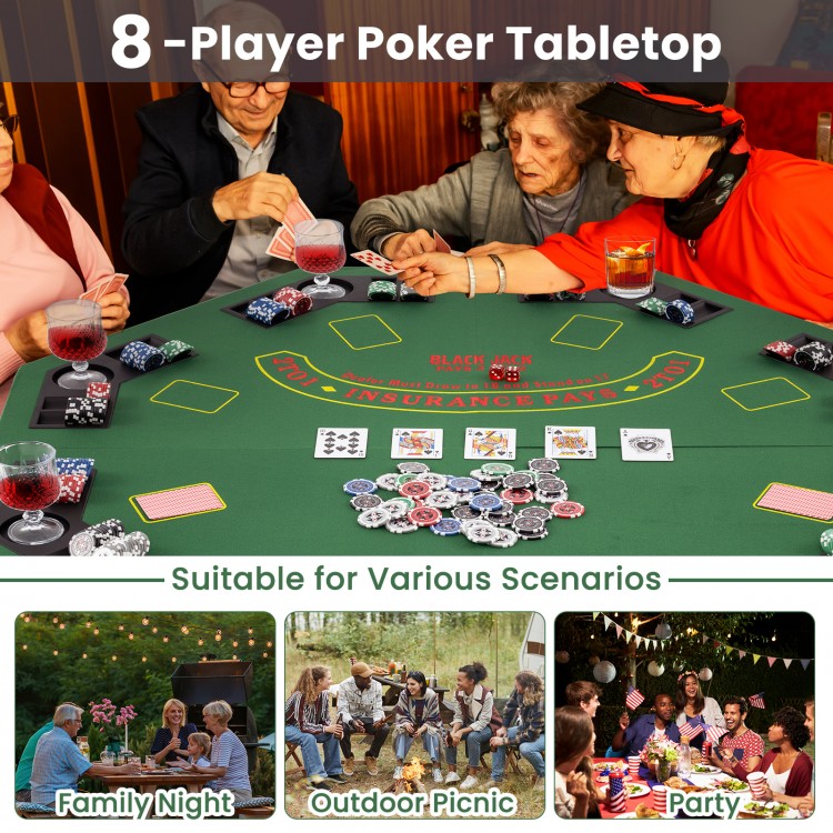 48-inch foldable poker tabletop for 8 players in green, featuring cup holders and chip trays, ideal for game nights and.