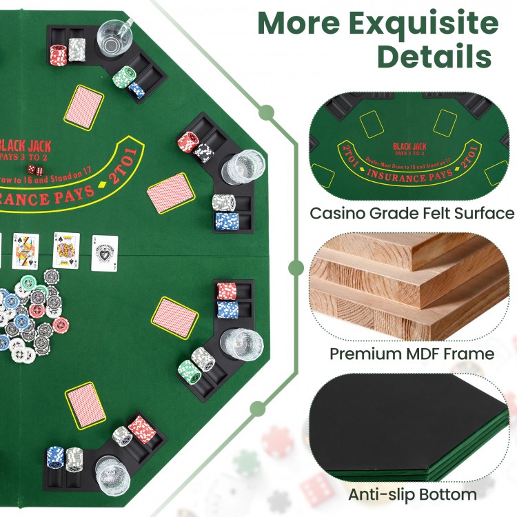 48-inch foldable poker table top in green with cup holders, designed for 8 players, ideal for game rooms and parties.