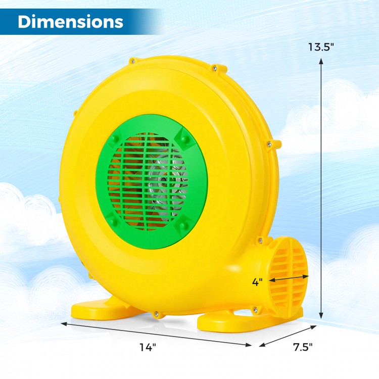 480W bounce house blower in yellow with green grille, showcasing dimensions for easy setup and portability.