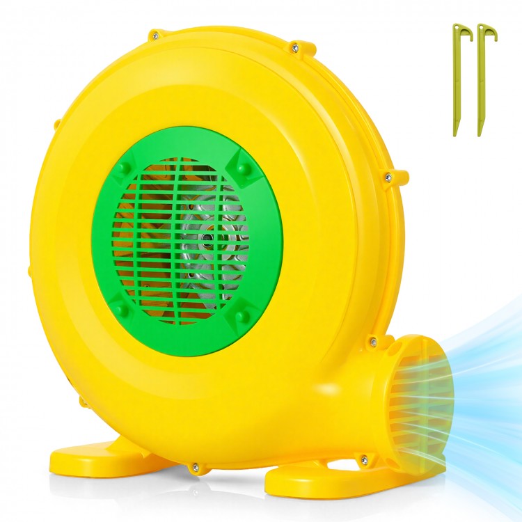 480W bounce house blower in yellow with handle, designed for quick inflation of inflatables, featuring safety.