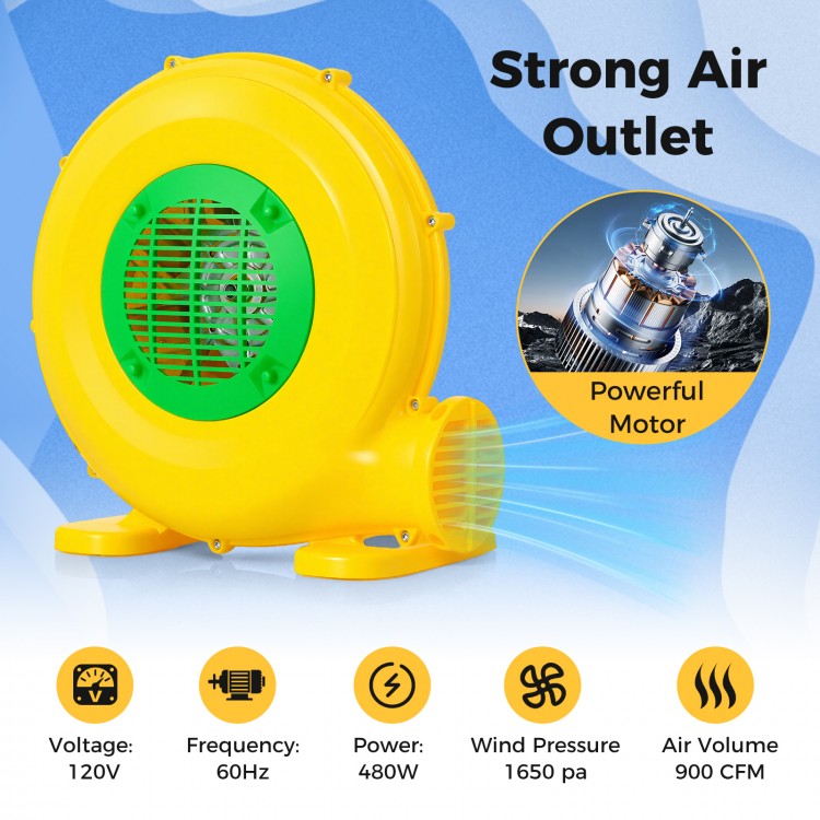480W bounce house blower in yellow with strong air outlet, designed for quick inflation and secure placement.