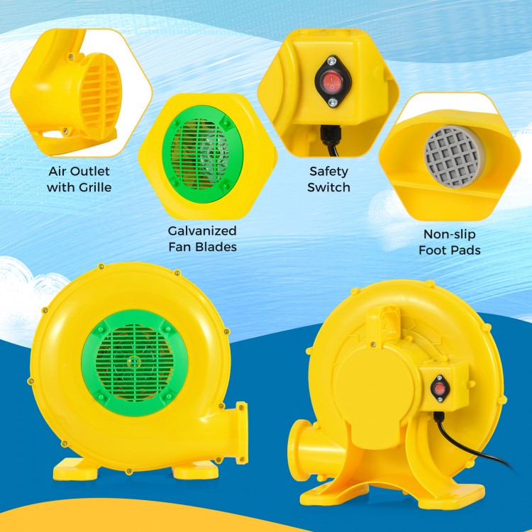 480W bounce house blower with handle, safety switch, and non-slip foot pads for quick inflation of inflatables.
