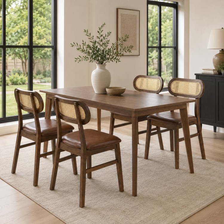 Close-up of the rattan backrest on a dining chair, highlighting its natural texture and mid-century design for stylish.