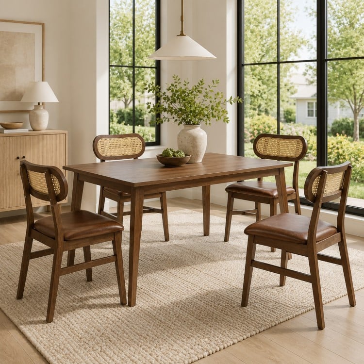 Rattan backrest dining chair with padded seat, featuring a durable brown rubber wood frame for stylish comfort.