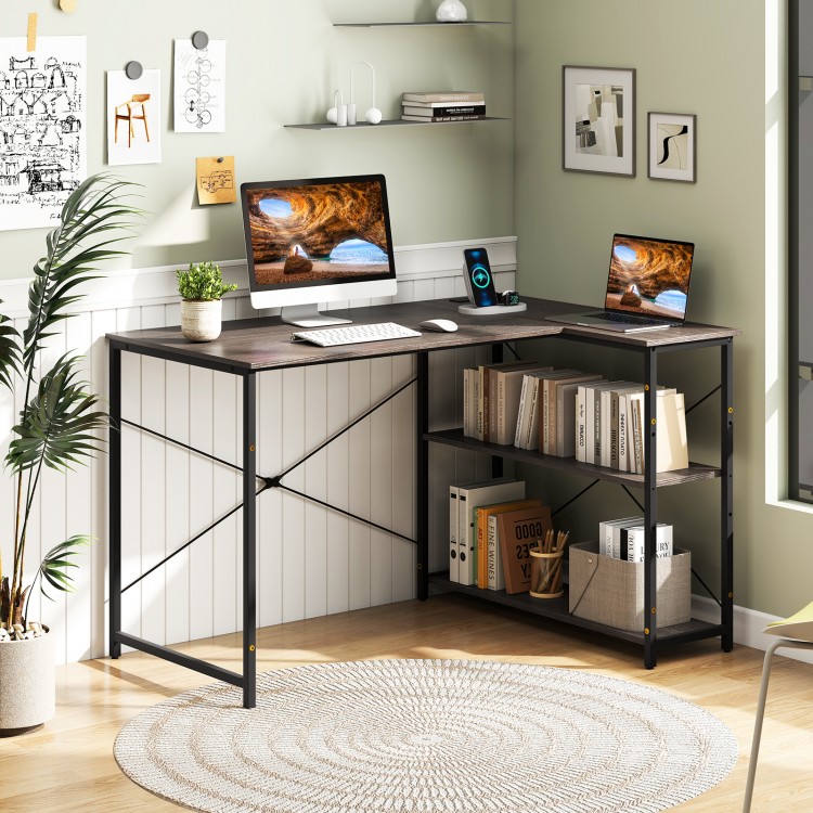 Reversible L-shaped computer desk with gray finish, featuring adjustable shelves for compact home office storage.