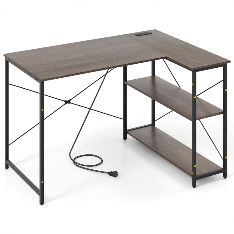Reversible L-shaped computer desk with gray engineered wood, adjustable shelves, and compact design for small spaces.