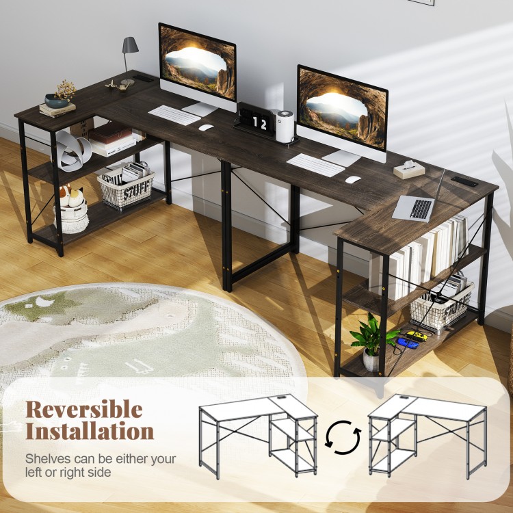 Reversible L-shaped computer desk with adjustable shelves in gray, featuring a spacious surface for home or office use.