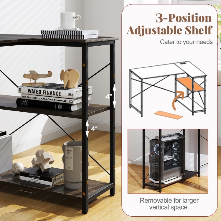 Adjustable shelf of the 48-inch L-shaped computer desk in gray, showcasing three height options for versatile storage.