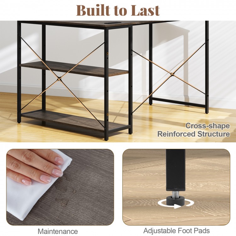 Reversible L-shaped computer desk with adjustable shelves, gray finish, featuring a durable steel frame and waterproof.