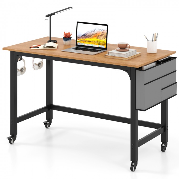 48-inch rolling computer desk with natural wood top, heavy-duty metal frame, and lockable casters for home or office.