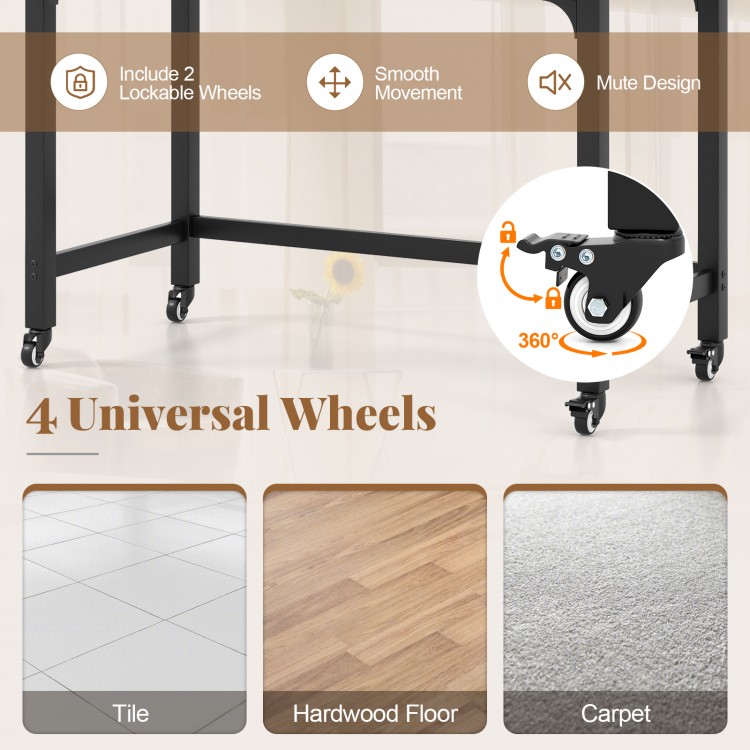 Close-up of 48-inch rolling computer desk wheels, featuring 2 lockable casters for easy movement on various surfaces.