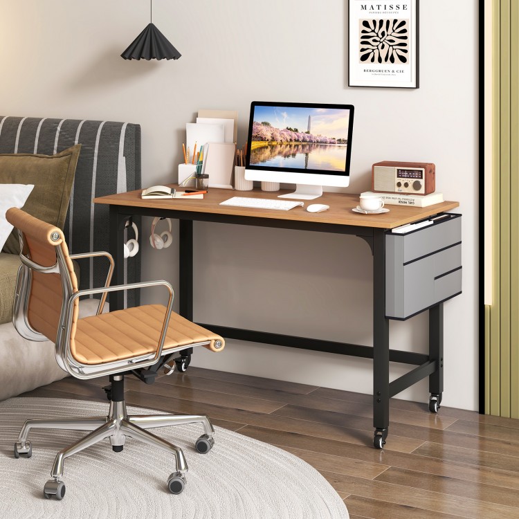 Rolling computer desk with 48" natural wood tabletop, heavy-duty metal frame, and lockable casters for home office use.