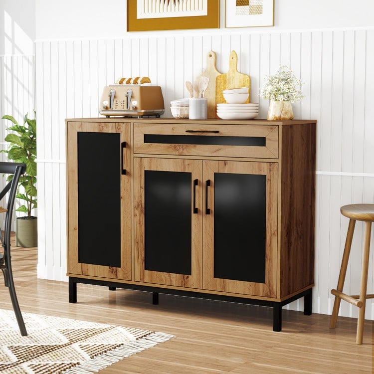 48-inch sideboard buffet cabinet with natural wood grain and black accents, featuring a drawer and two cabinets for.