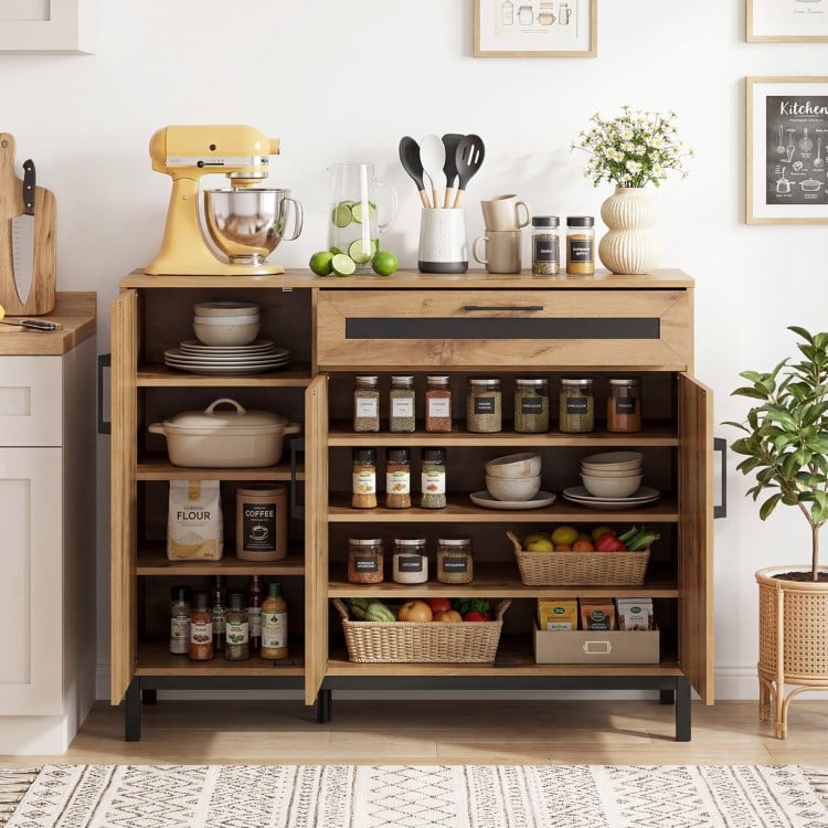 48-inch sideboard buffet cabinet with natural wood grain, black accents, and spacious storage for kitchenware and decor.