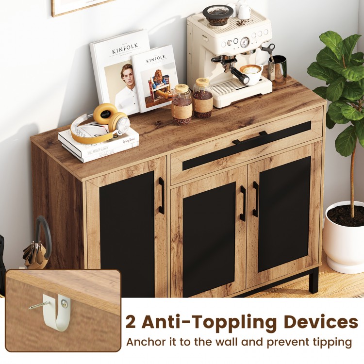 48-inch sideboard buffet cabinet with natural wood grain, black accents, large drawer, and anti-toppling devices for.