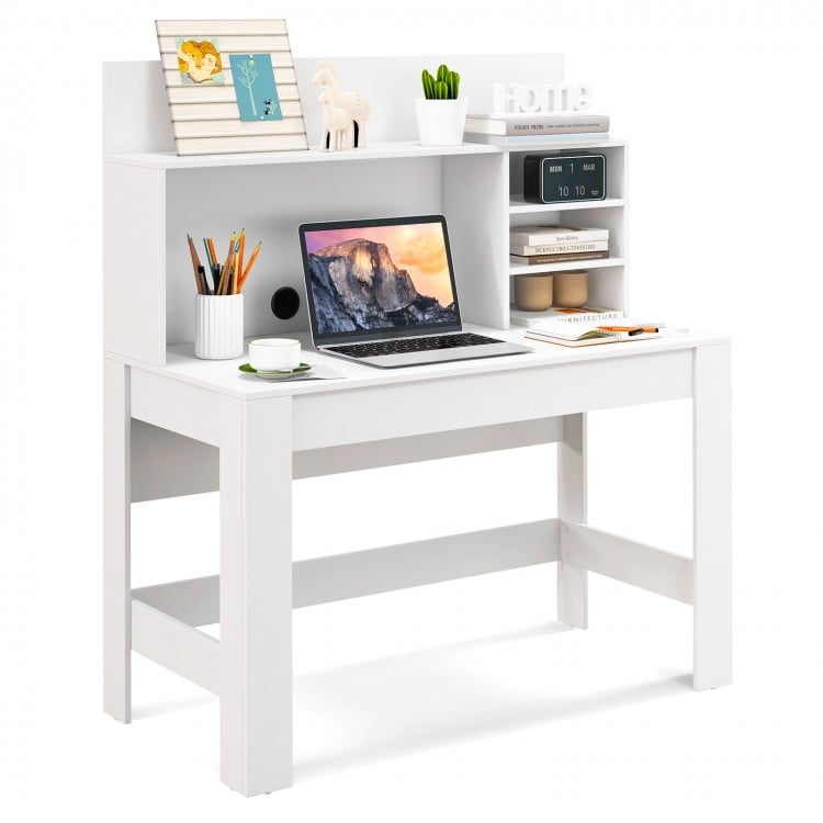 48-inch white writing computer desk with multi-layered shelf, cable management hole, and anti-tipping kits for.