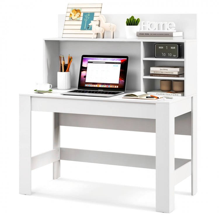 White 48-inch writing computer desk showcasing a spacious workspace and multi-layered shelf for organized office.