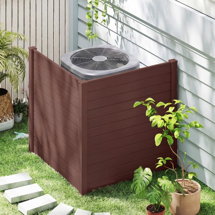 Brown outdoor privacy fence screen for air conditioner, featuring spacious panels and galvanized metal stakes for.