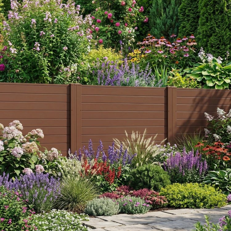Brown outdoor privacy fence screen with spacious panels, ideal for concealing AC units and enhancing backyard privacy.