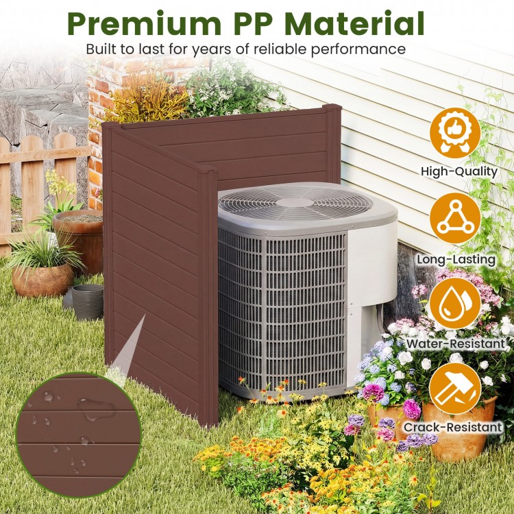 Outdoor privacy fence screen in brown, made of premium PP material, providing concealment for AC units and trash cans.