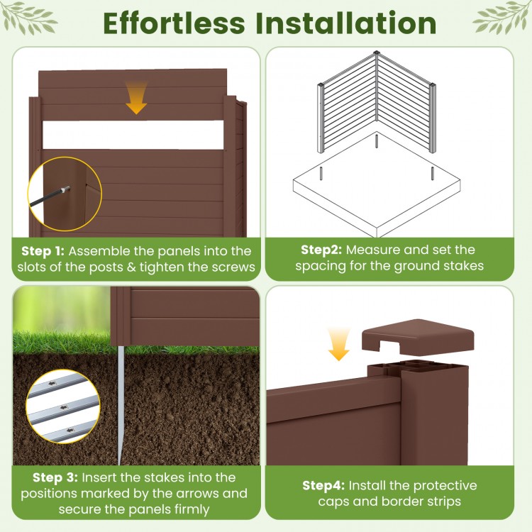 Outdoor privacy fence screen installation steps with brown panels and galvanized metal stakes for easy setup.