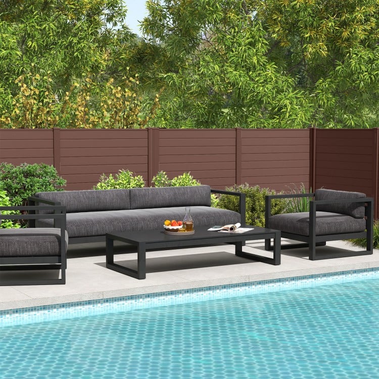 Outdoor privacy fence screen panels in brown, designed for easy assembly and flexible coverage around AC units or pools.