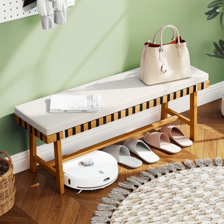 Acacia wood outdoor bench featuring a thick padded seat cushion, perfect for entryway decor and comfortable seating.