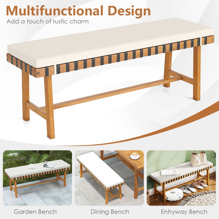Acacia wood outdoor bench with thick padded cushion, ideal for garden, dining, or entryway use, featuring a rustic.