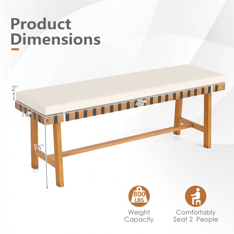 Acacia wood outdoor bench with thick padded seat cushion, 48 inches long, comfortably seats 2 people for garden use.