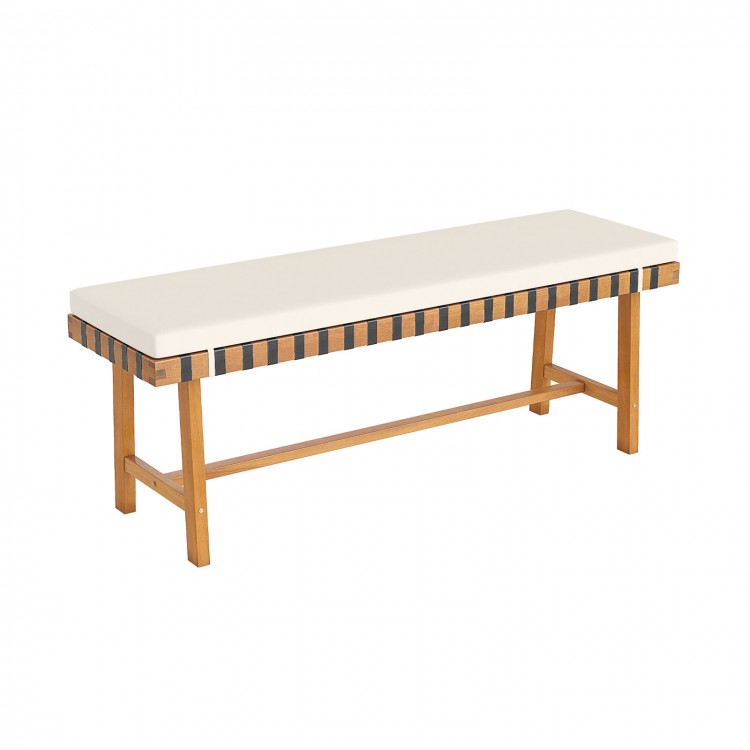 Side view of the acacia wood outdoor bench with a thick padded seat cushion, showcasing its durable construction and.