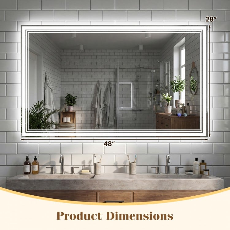48" x 28" LED bathroom mirror with frontlit and backlit features, showcasing dimensions in a stylish bathroom setting.