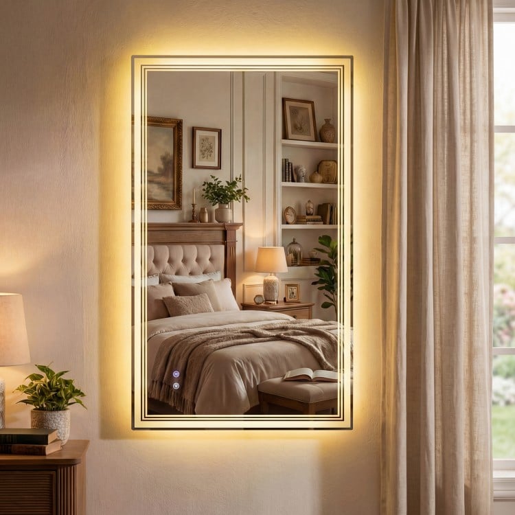 48" x 28" LED bathroom mirror with frontlit and backlit design, showcasing its stylish frame and versatile placement.