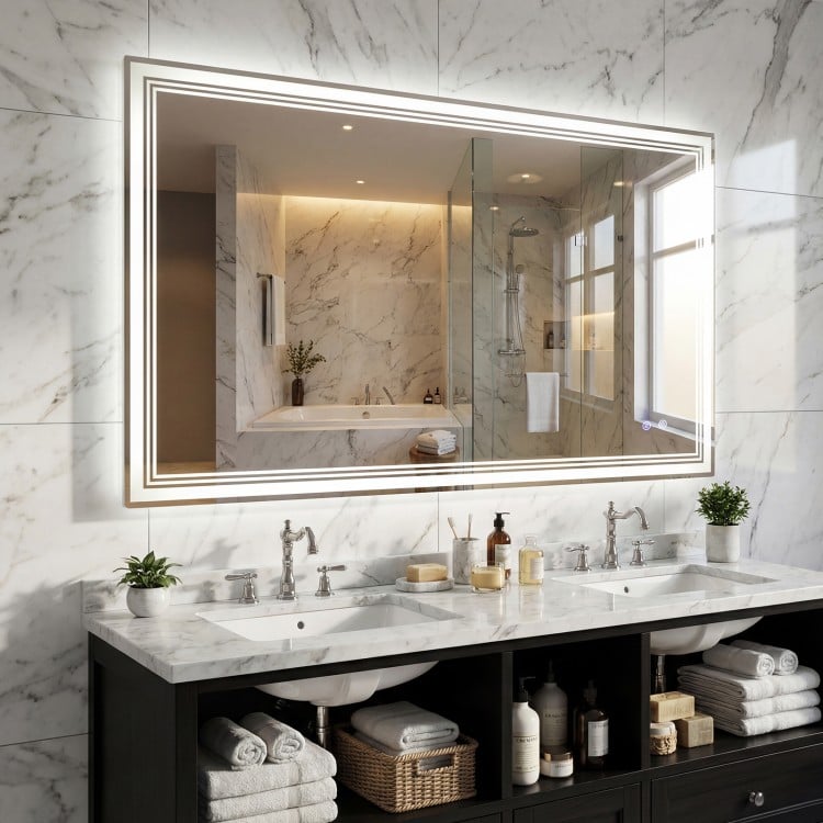 48" x 28" LED bathroom mirror with a sleek design, showcasing frontlit and backlit features in a modern bathroom.