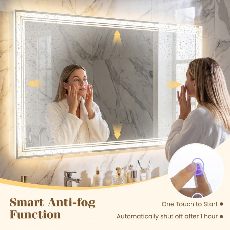 48" x 28" LED bathroom mirror with frontlit and backlit features, anti-fog function, and adjustable brightness for.