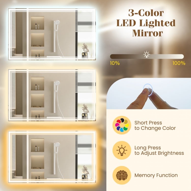 48" x 28" LED bathroom mirror with frontlit and backlit features, adjustable brightness, and 3-color lighting for.